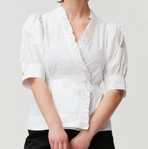 GANNI US 4 white ruffle trim wrap blouse